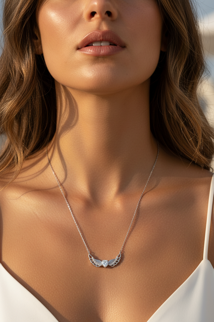 Close-up of a woman wearing a delicate necklace with a blurred background