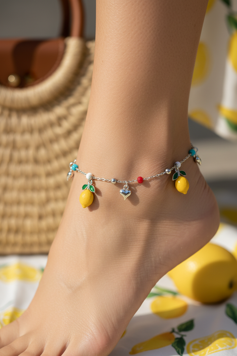 Anchored anklet with lemon charms on a foot, with a straw bag and lemons in the background.