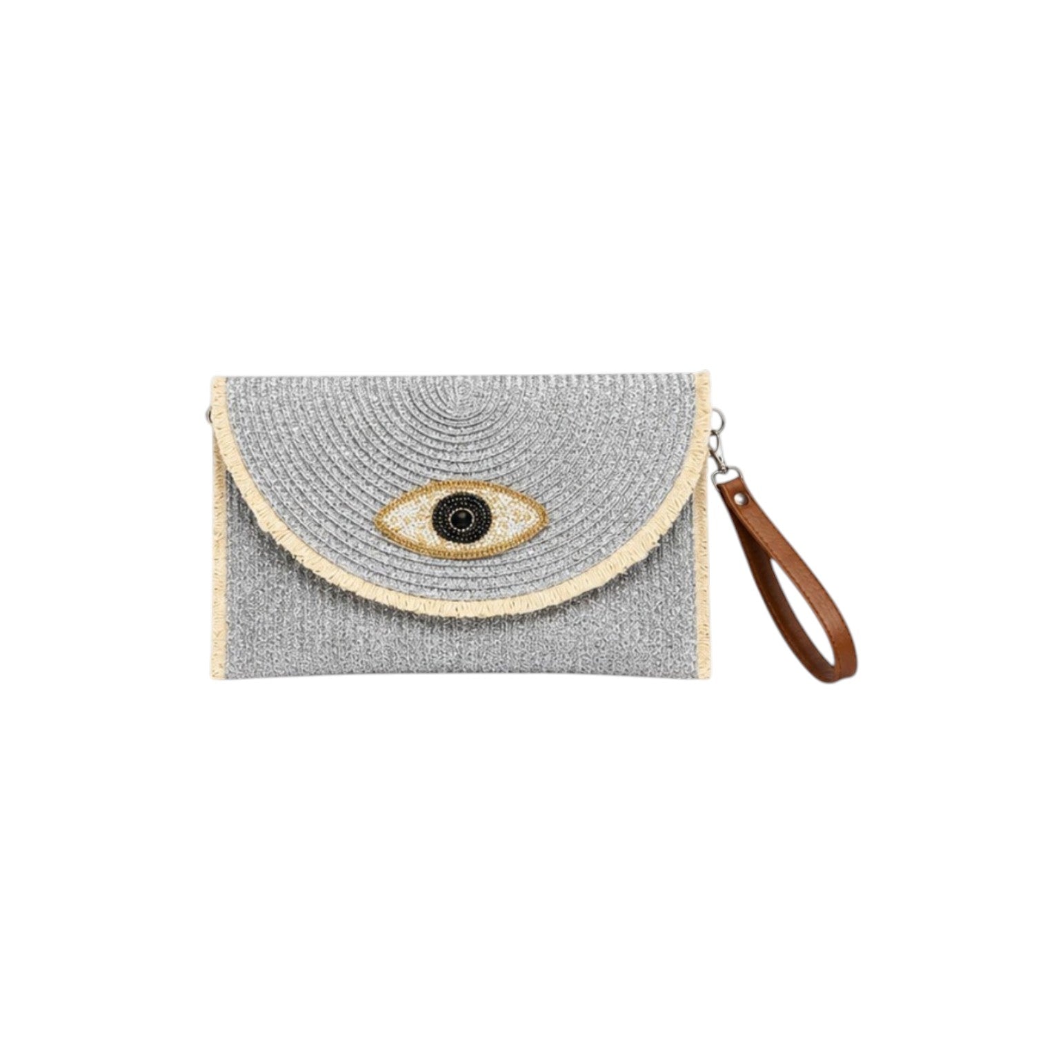 Ψάθινο clutch bags με evil eye σχέδιο σε  ασημι χρώμα σε λευκό φόντο – So Cute by Dimi