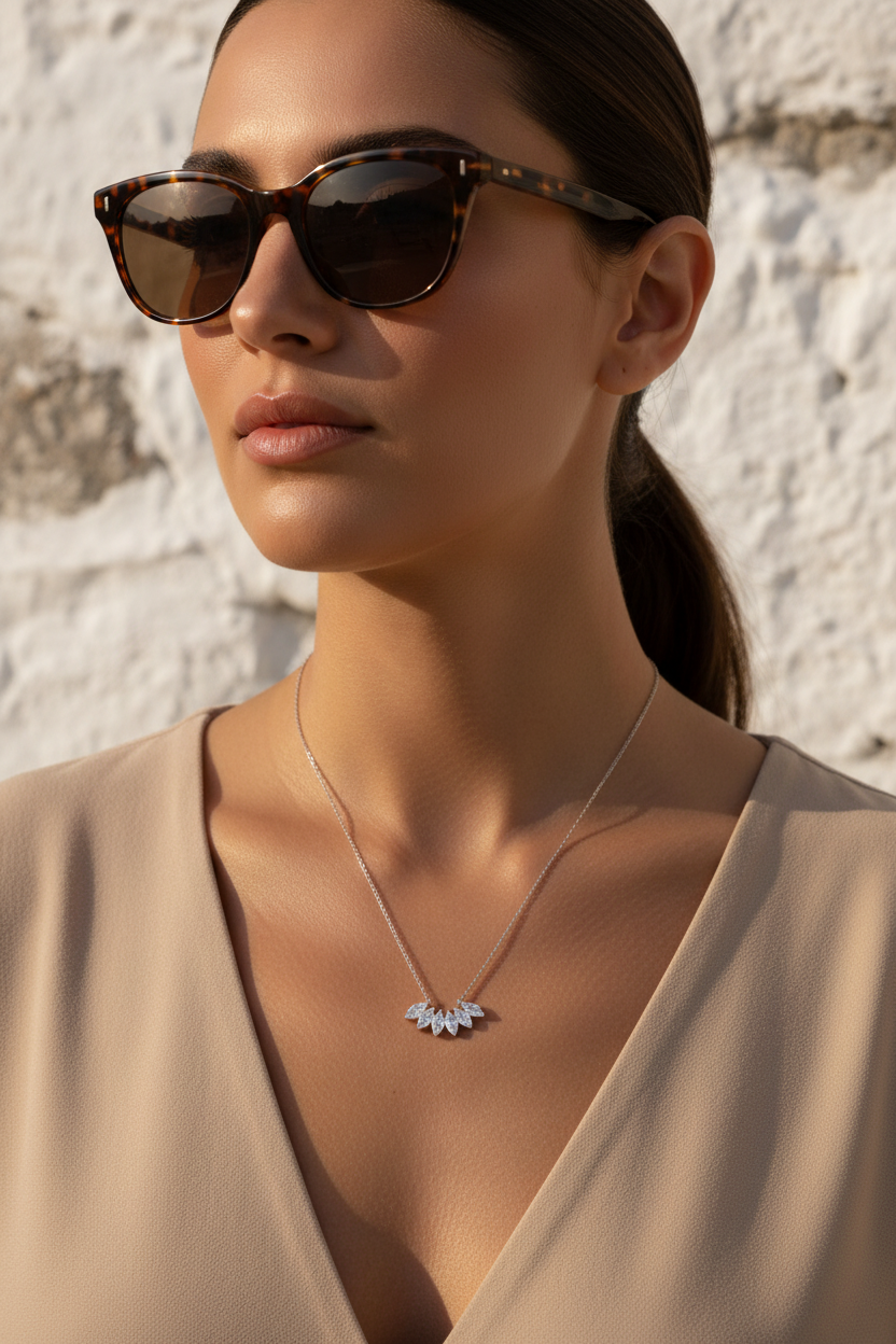 minimal γυναικείο κολιέ με ζιργκόν stainless steel σε mediterranean fashion model elegant jewelry