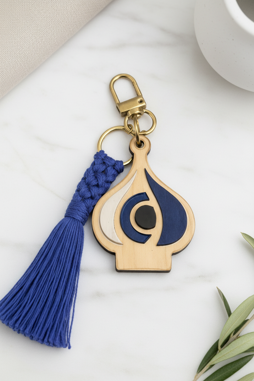 Ξύλινο σκόρδο με μάτι και μπλε μακραμέ σε minimal boho στυλ