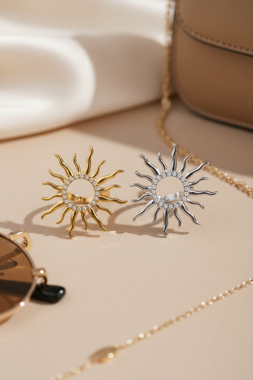 Sun-shaped earrings on a beige surface with sunglasses and a handbag in the background