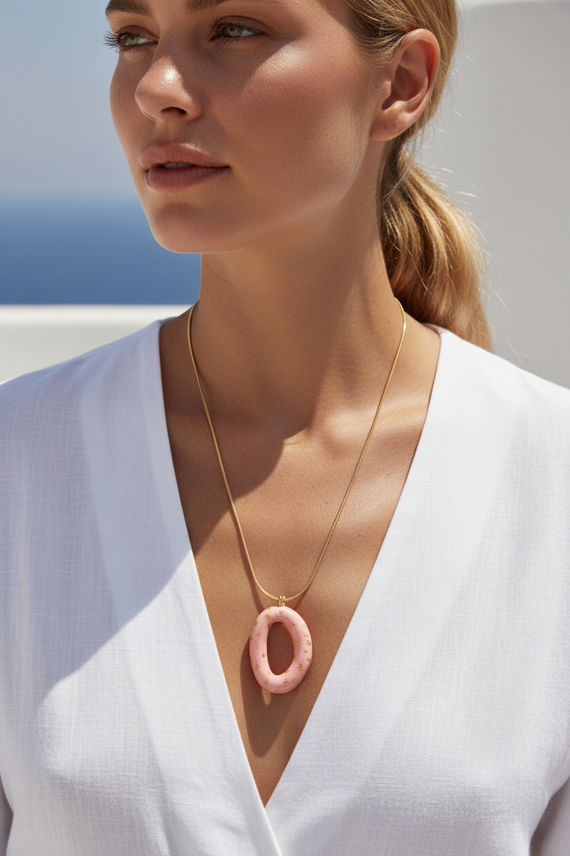Φορεμένο Solmare Resin Pendant Necklace σε Pink με οβάλ μοτίφ από ρητίνη και χρυσές λεπτομέρειες