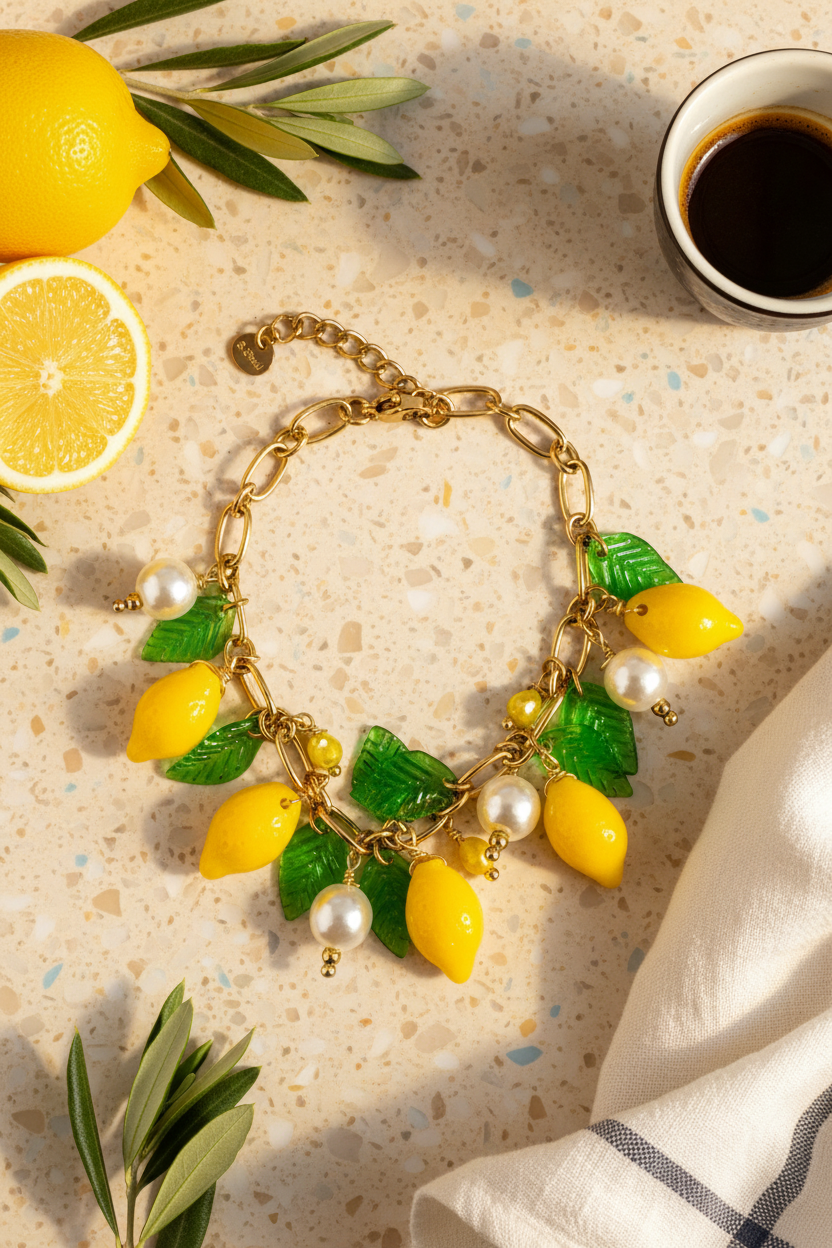 Gold bracelet with lemon and pearl charms on a textured surface with lemons and a cup of coffee.