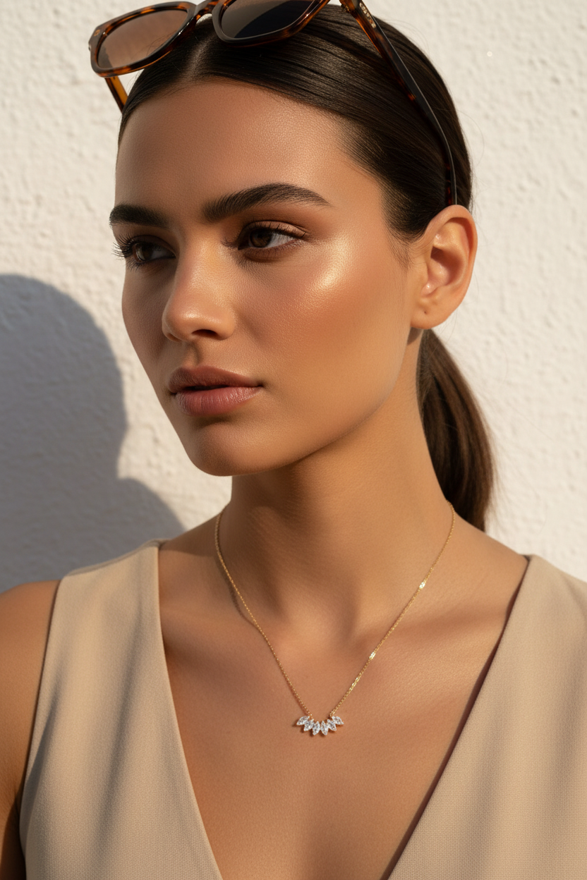 γυναικείο κολιέ stainless steel με marquise ζιργκόν φορεμένο σε μοντέλο minimal elegant necklace