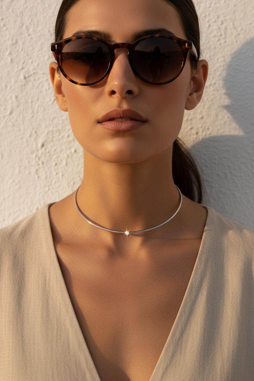 γυναικείο choker κολιέ stainless steel με ζιργκόν σε mediterranean fashion model