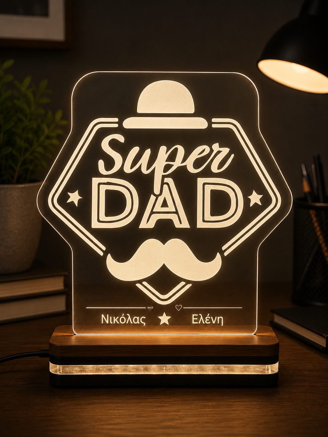 LED φωτιστικό Super Dad Badge από διάφανο plexiglass με χάραξη laser και δυνατότητα προσωποποίησης από τη So Cute By Dimi.
