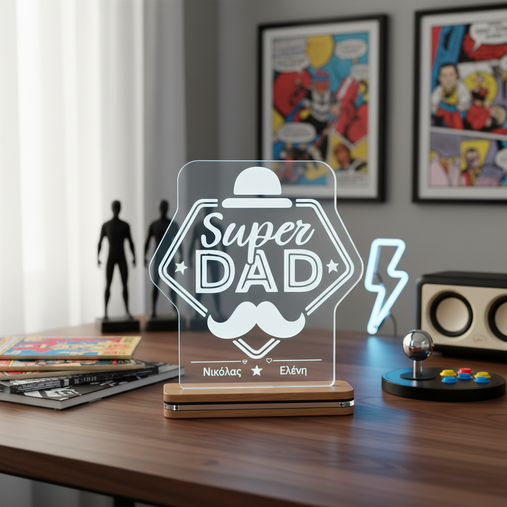 LED φωτιστικό Super Dad Badge από διάφανο plexiglass με χάραξη laser και δυνατότητα προσωποποίησης από τη So Cute By Dimi.