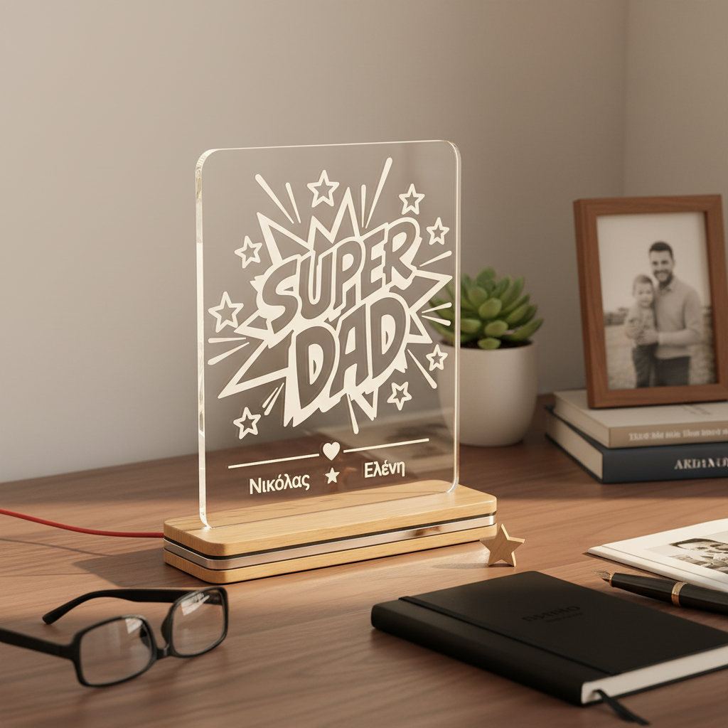 Προσωποποιημένο LED φωτιστικό Super Dad από διάφανο plexiglass με χάραξη laser και ονόματα παιδιών από τη So Cute By Dimi.