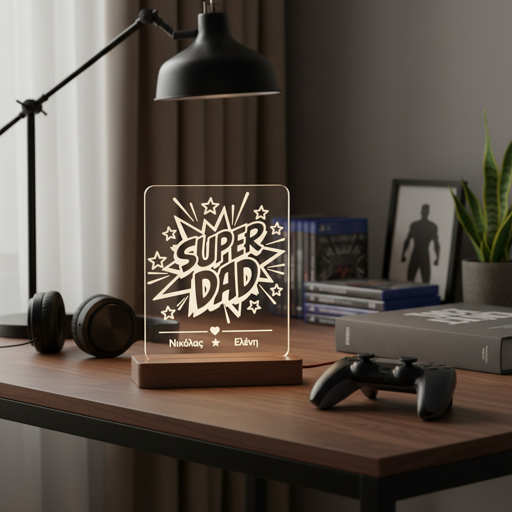 Προσωποποιημένο LED φωτιστικό Super Dad από διάφανο plexiglass με χάραξη laser και ονόματα παιδιών από τη So Cute By Dimi.