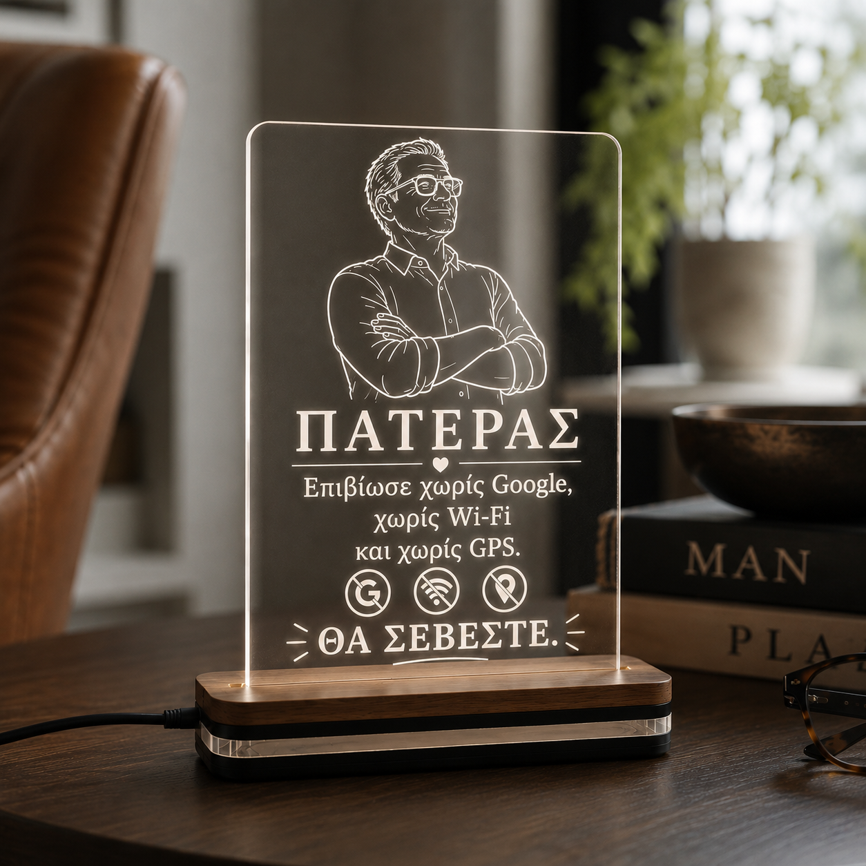LED φωτιστικό από διάφανο plexiglass με χάραξη «Επιβίωσε χωρίς Google, χωρίς Wi-Fi και χωρίς GPS. Θα σέβεστε.» από τη So Cute By Dimi.