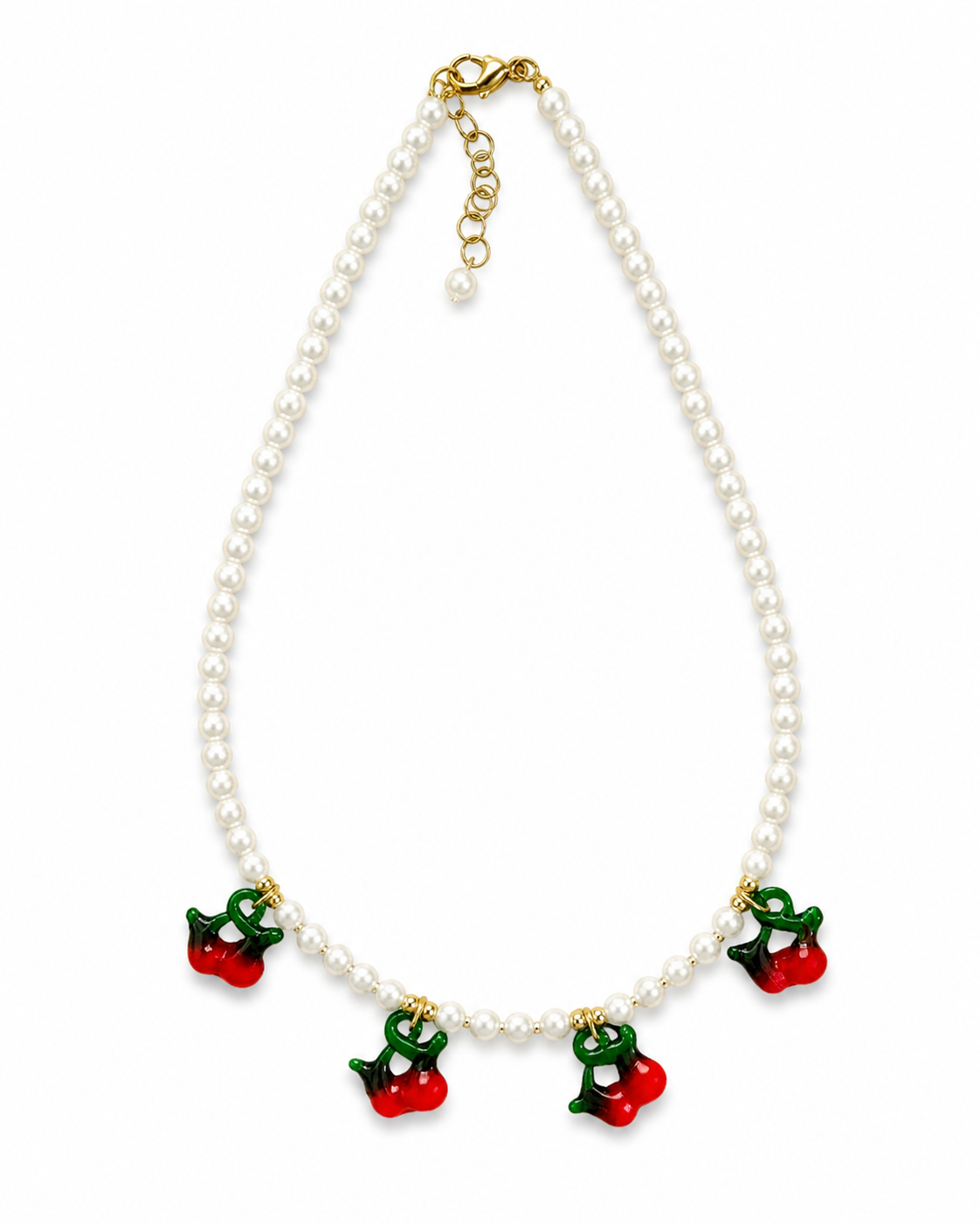 Sweet Cherry Pearl Necklace με γυάλινες πέρλες και κρεμαστά κερασάκια σε λευκό φόντο