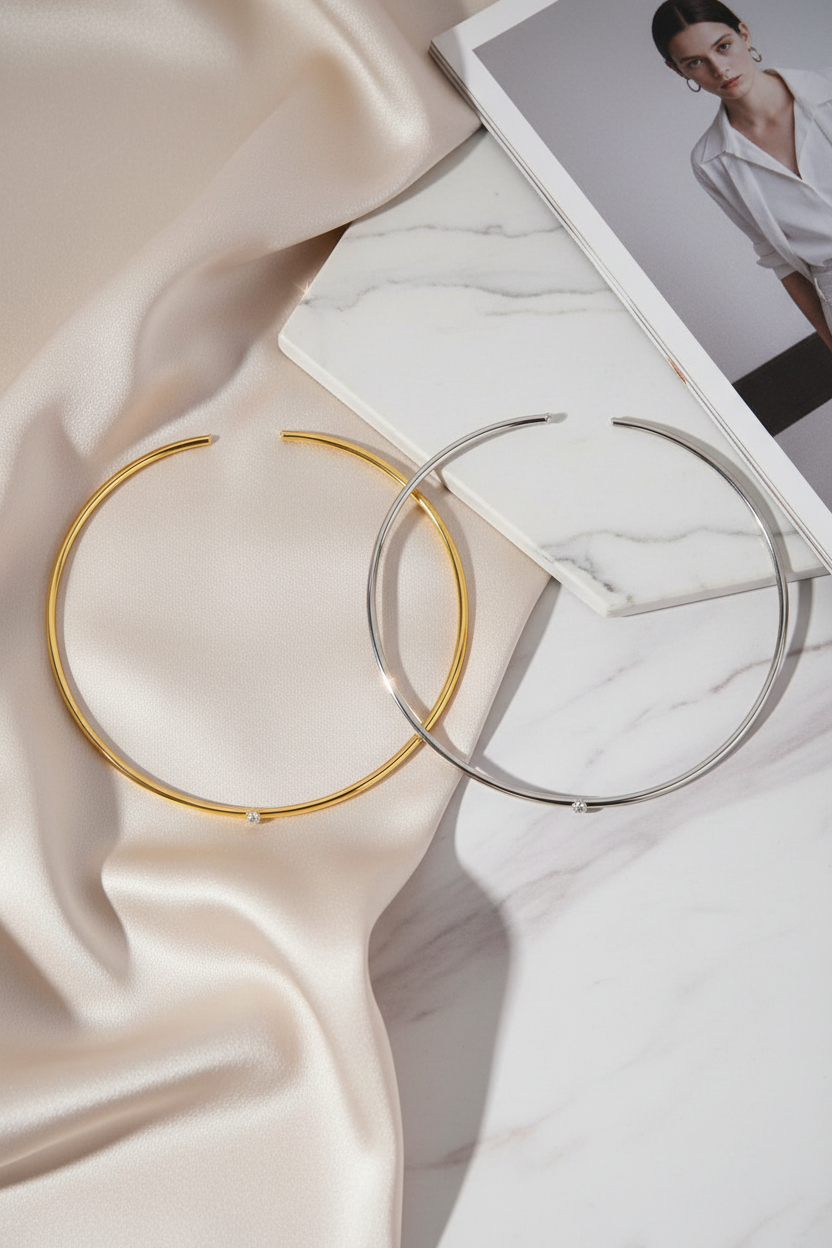 minimal γυναικείο choker κολιέ από ανοξείδωτο ατσάλι με μικρό ζιργκόν σε χρυσό και ασημί