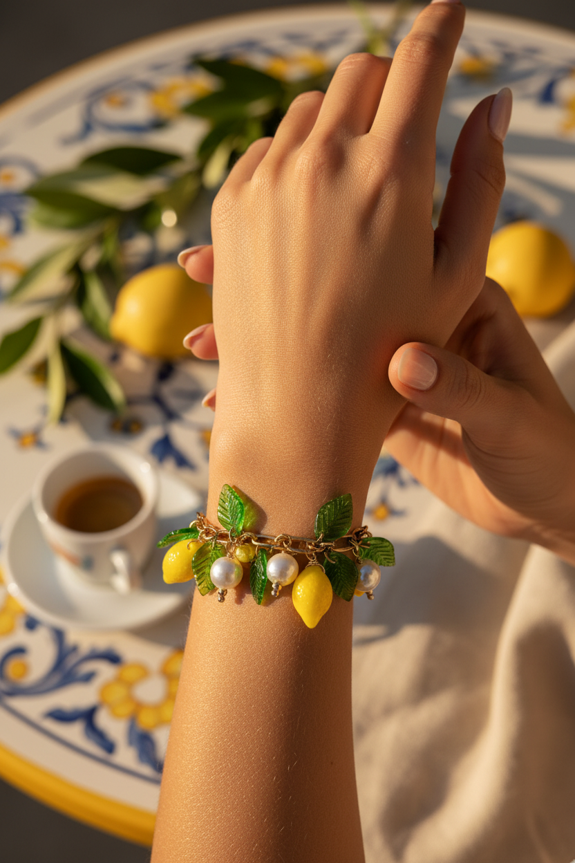 Hand wearing a bracelet with lemon and leaf designs on a decorative table with lemons and coffee.