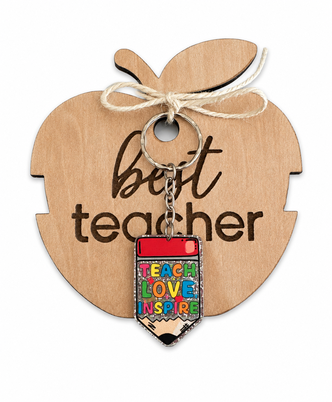 Teach Love Inspire μπρελόκ για δασκάλα με colorful σχέδιο μολυβιού και ξύλινο μήλο μαγνητάκι best teacher σε λευκό φόντο