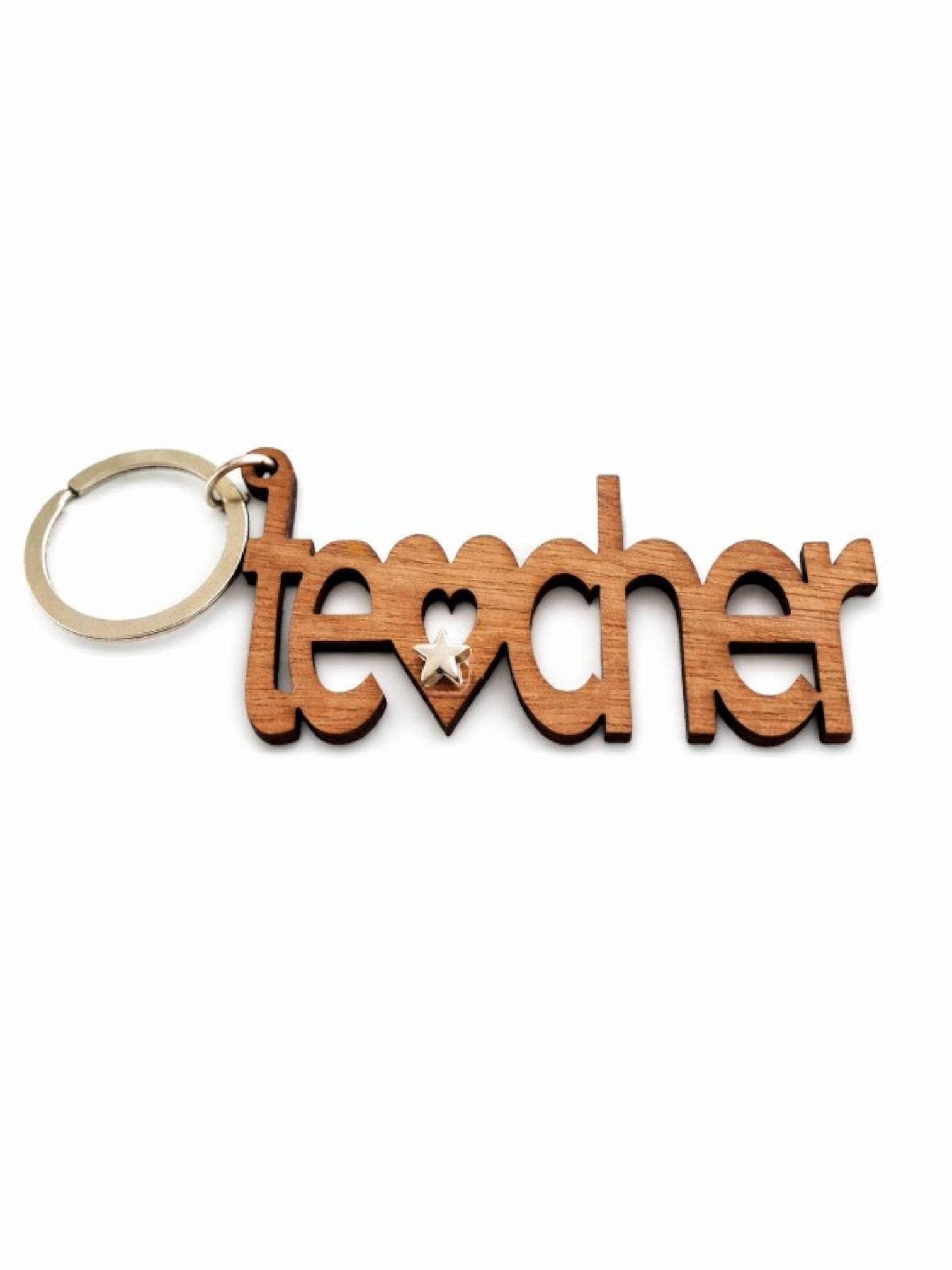 Ξύλινο χειροποίητο μπρελόκ teacher με μεταλλικό αστεράκι και κρίκο, δώρο για δάσκαλο και δασκάλα
