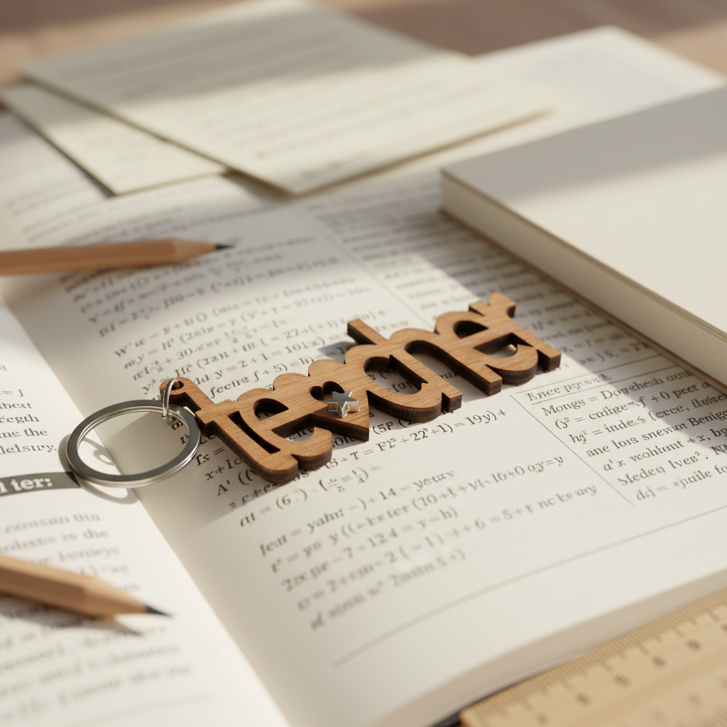 Ξύλινο χειροποίητο μπρελόκ teacher με μεταλλικό αστεράκι και κρίκο, δώρο για δάσκαλο και δασκάλα
