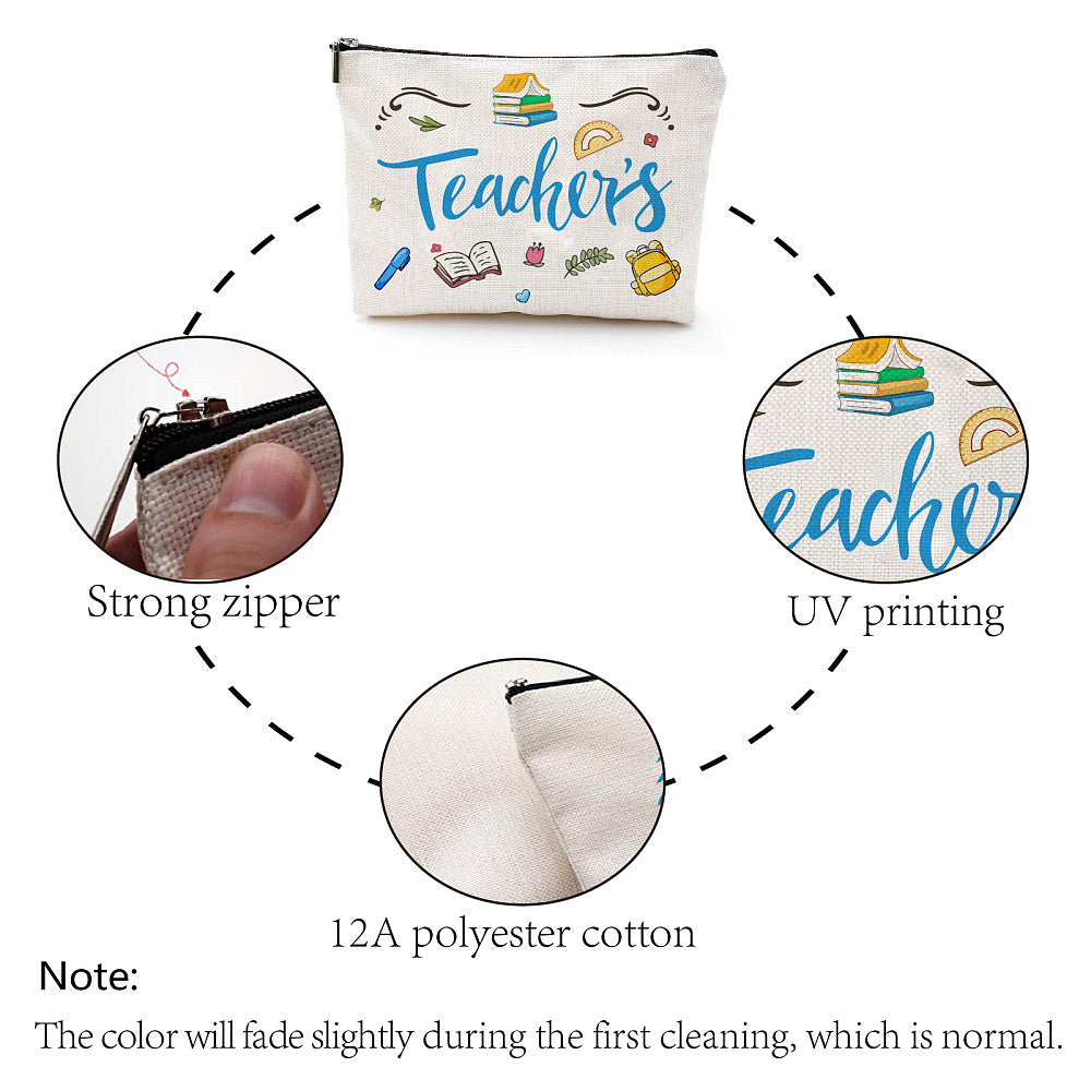 Teacher-themed pouch with UV printing, strong zipper, and 12A polyester cotton, shown with close-up details.