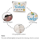 Teacher-themed pouch with UV printing, strong zipper, and 12A polyester cotton, shown with close-up details.