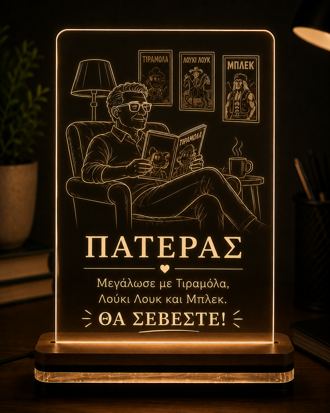LED φωτιστικό από διάφανο plexiglass με χάραξη «Μεγάλωσε με Τιραμόλα, Λούκι Λουκ και Μπλεκ» από τη So Cute By Dimi.