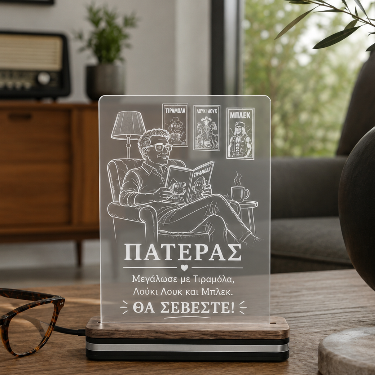 LED φωτιστικό από διάφανο plexiglass με χάραξη «Μεγάλωσε με Τιραμόλα, Λούκι Λουκ και Μπλεκ» από τη So Cute By Dimi.