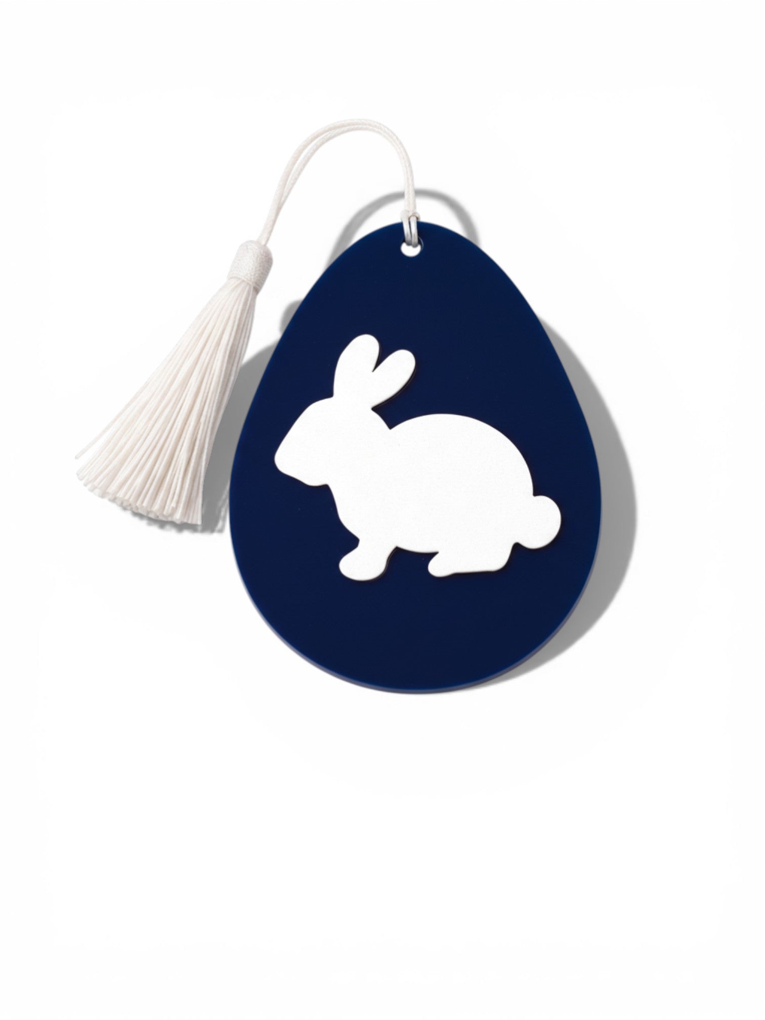 Corporate Easter acrylic tag in egg shape with bunny silhouette, customizable plexiglass branding element for gift baskets