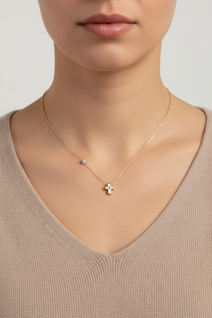 Mini Cross Eye Necklace – Ατσάλινο Κολιέ με Σμάλτο & Ματάκι | So Cute by Dimi