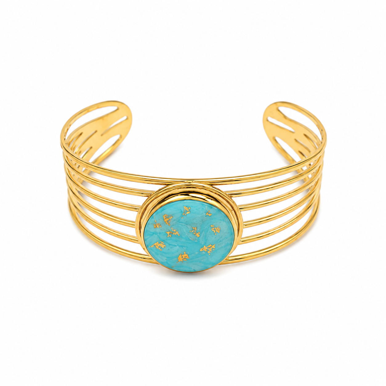 Gold bracelet with a turquoise center stone on a white background