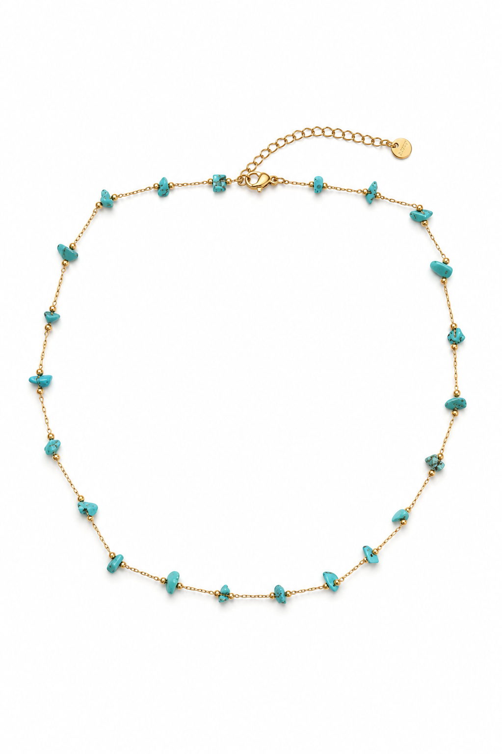Turquoise Tide Necklace ατσάλινο κολιέ με φυσικές τιρκουάζ chips χάντρες χαολίτη σε χρυσή αλυσίδα