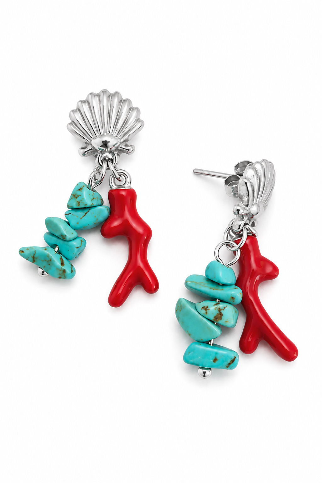 Turquoise Tide Earrings ατσάλινα ασημί σκουλαρίκια με κούμπωμα κοχύλι, τιρκουάζ chips χαολίτη και κόκκινο κοράλλι