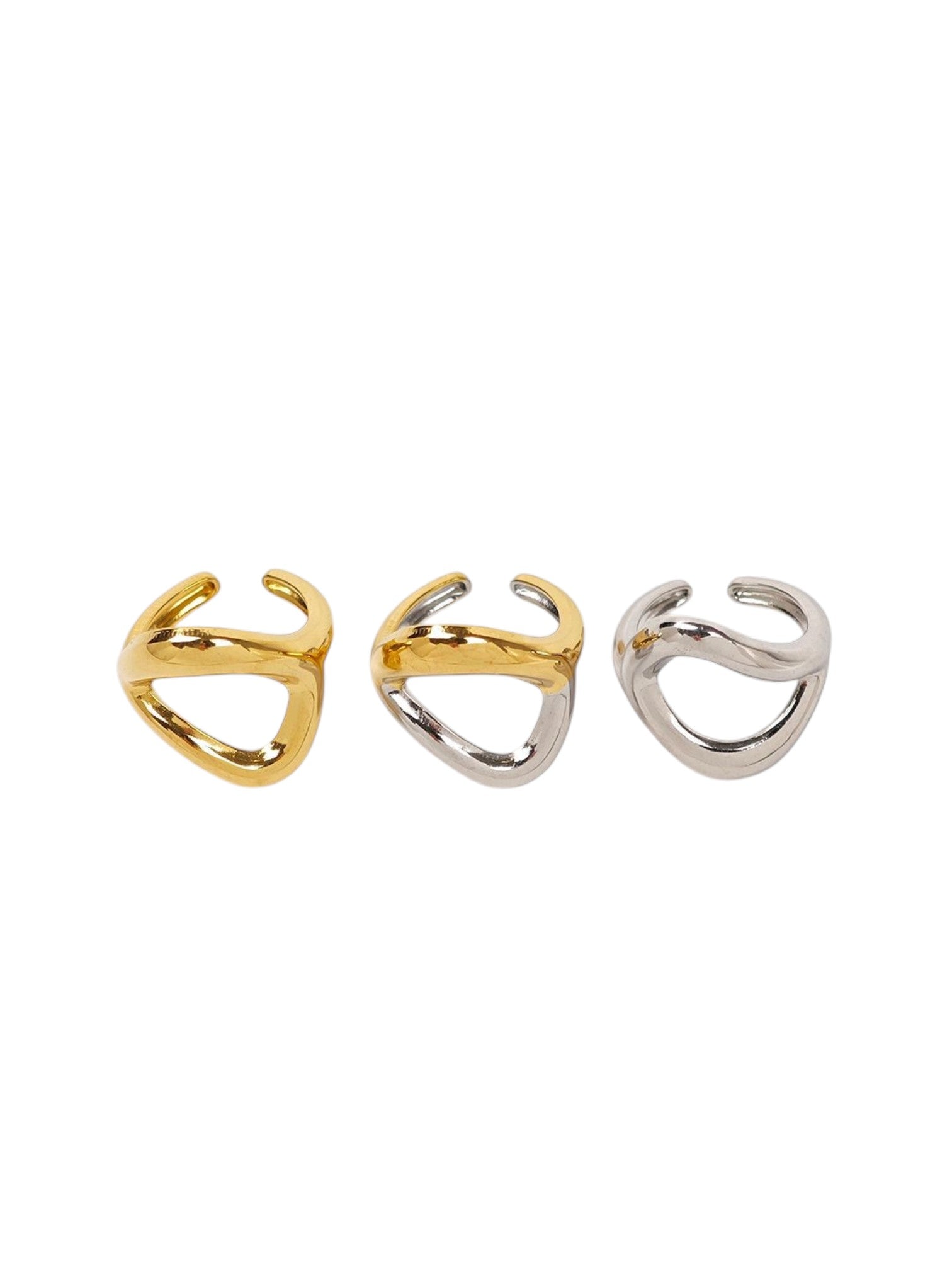 Three gold, two-tone and silver stainless steel rings on a white background, So Cute by Dimi