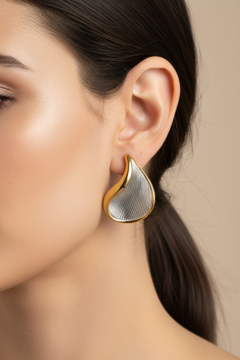 Two tone gold silver wave drop stainless steel earrings worn on ear close up