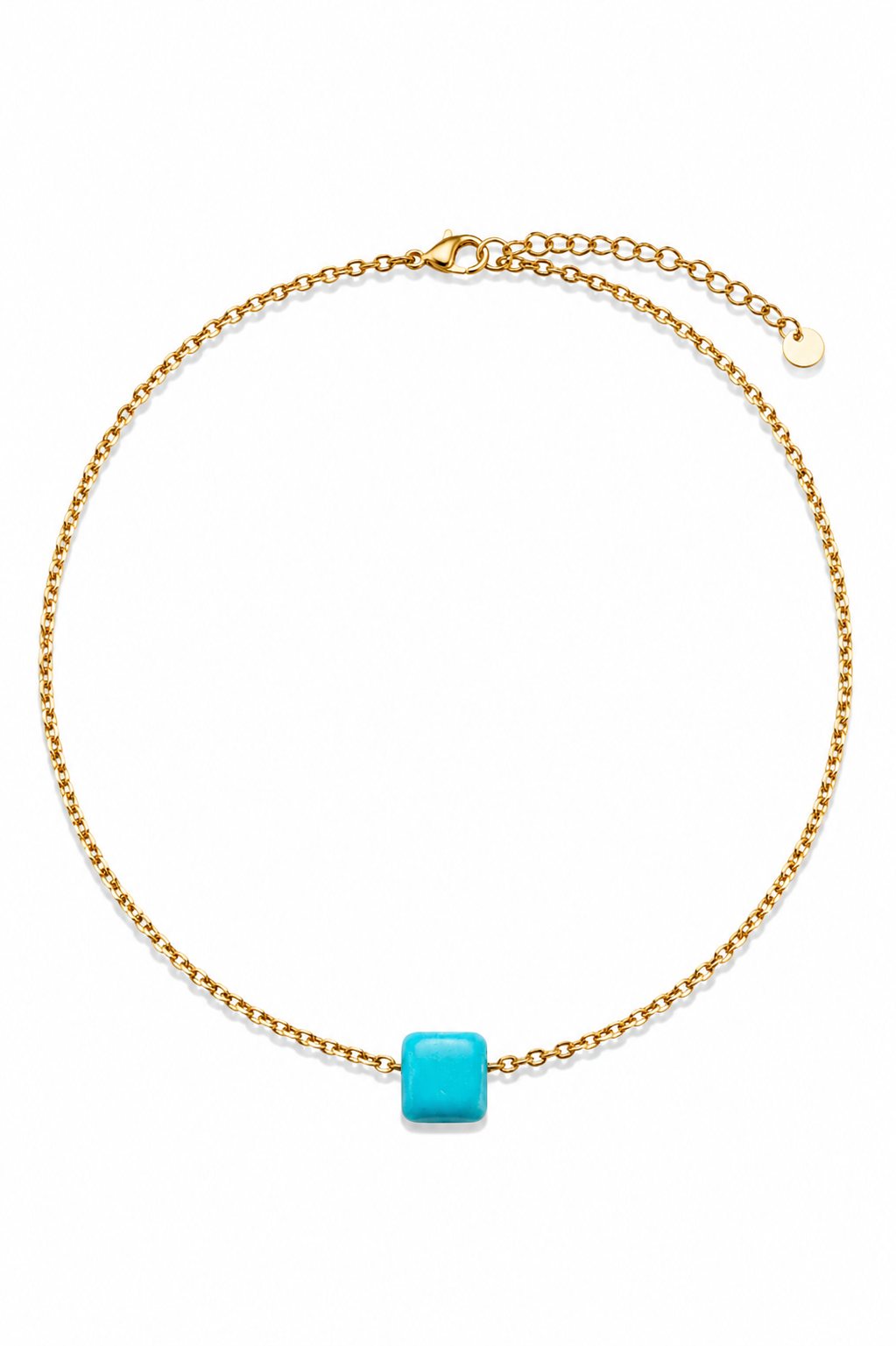Gold steel necklace with a turquoise square pendant on a white background