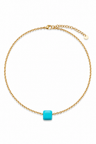 Gold steel necklace with a turquoise square pendant on a white background