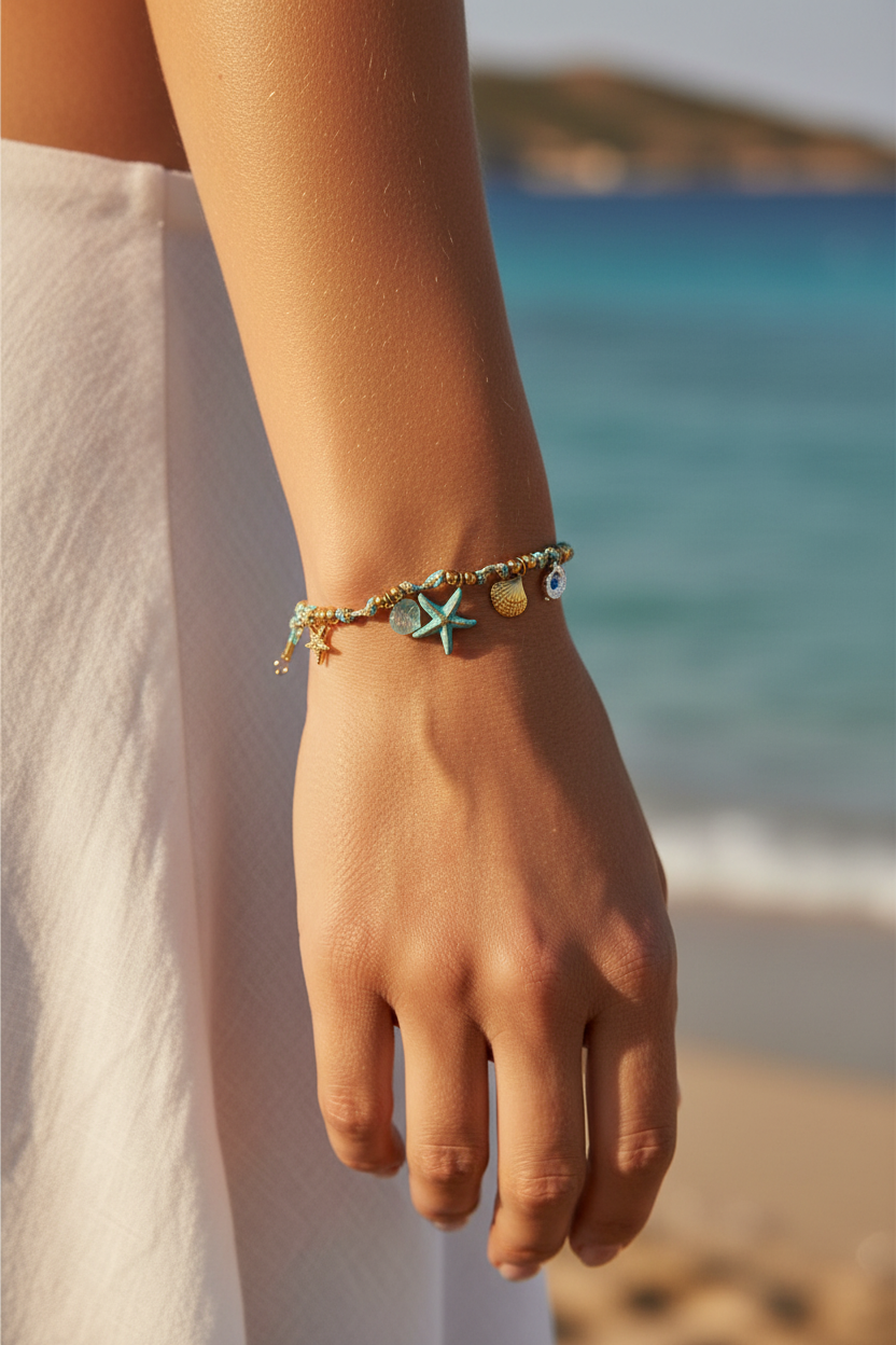 Hand wearing a bracelet with starfish charms against a beach background, So Cute by Dimi