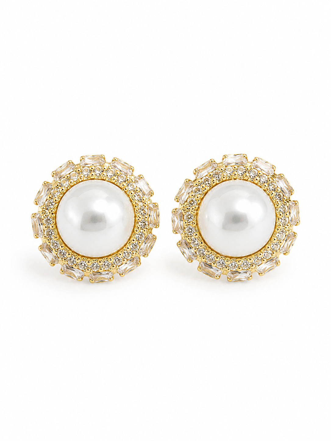VALERIQUE Pearl Earrings ατσάλινα χρυσά σκουλαρίκια με πέρλα και baguette ζιργκόν σε luxury glamorous σχέδιο