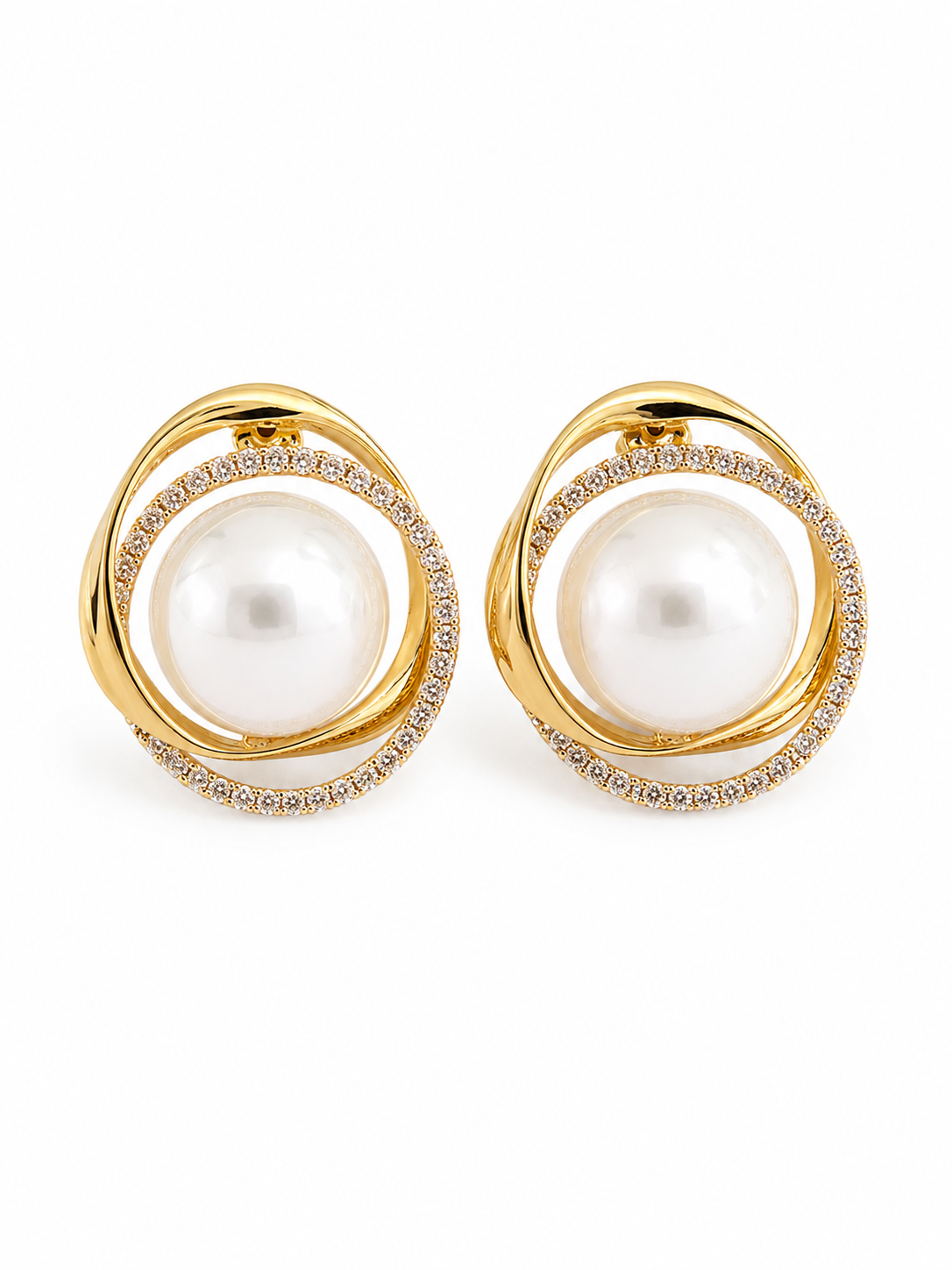 VELSÉRA Pearl Earrings ατσάλινα χρυσά σκουλαρίκια με πέρλα και ζιργκόν σε sculptural luxury σχέδιο