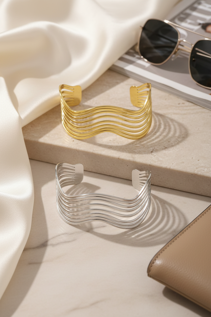 Gold and silver stainless steel wave cuff bracelet open bangle modern geometric jewelry