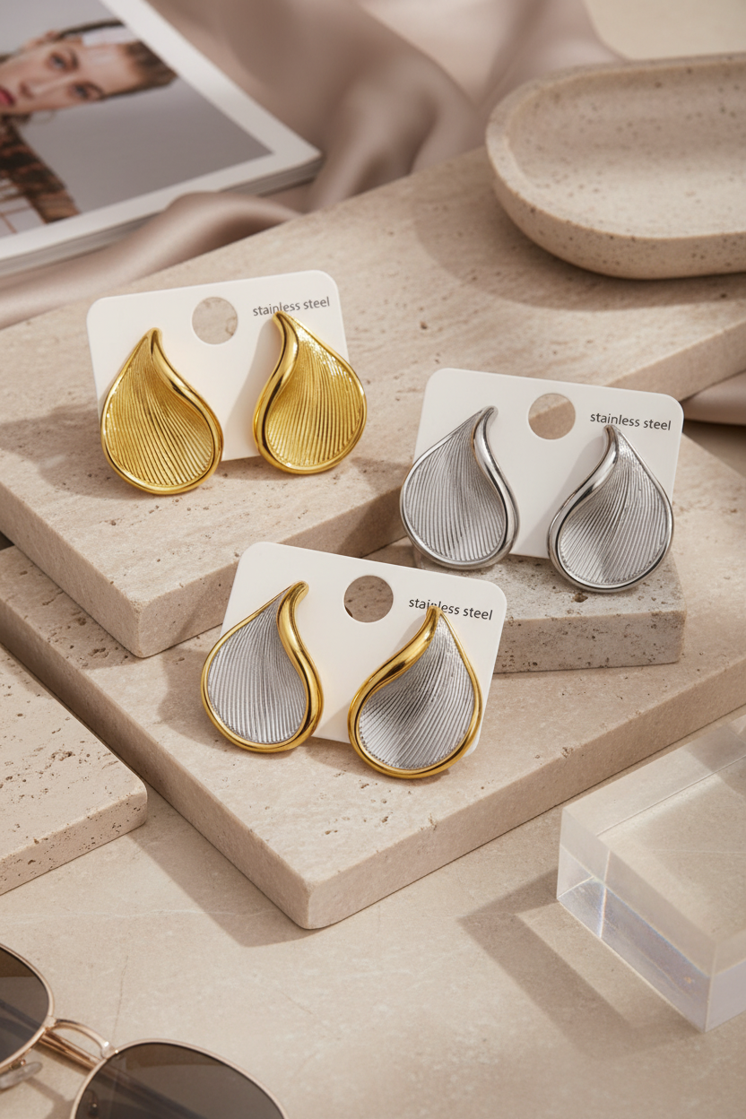 Wave drop stainless steel earrings gold silver two tone editorial jewelry flat lay
