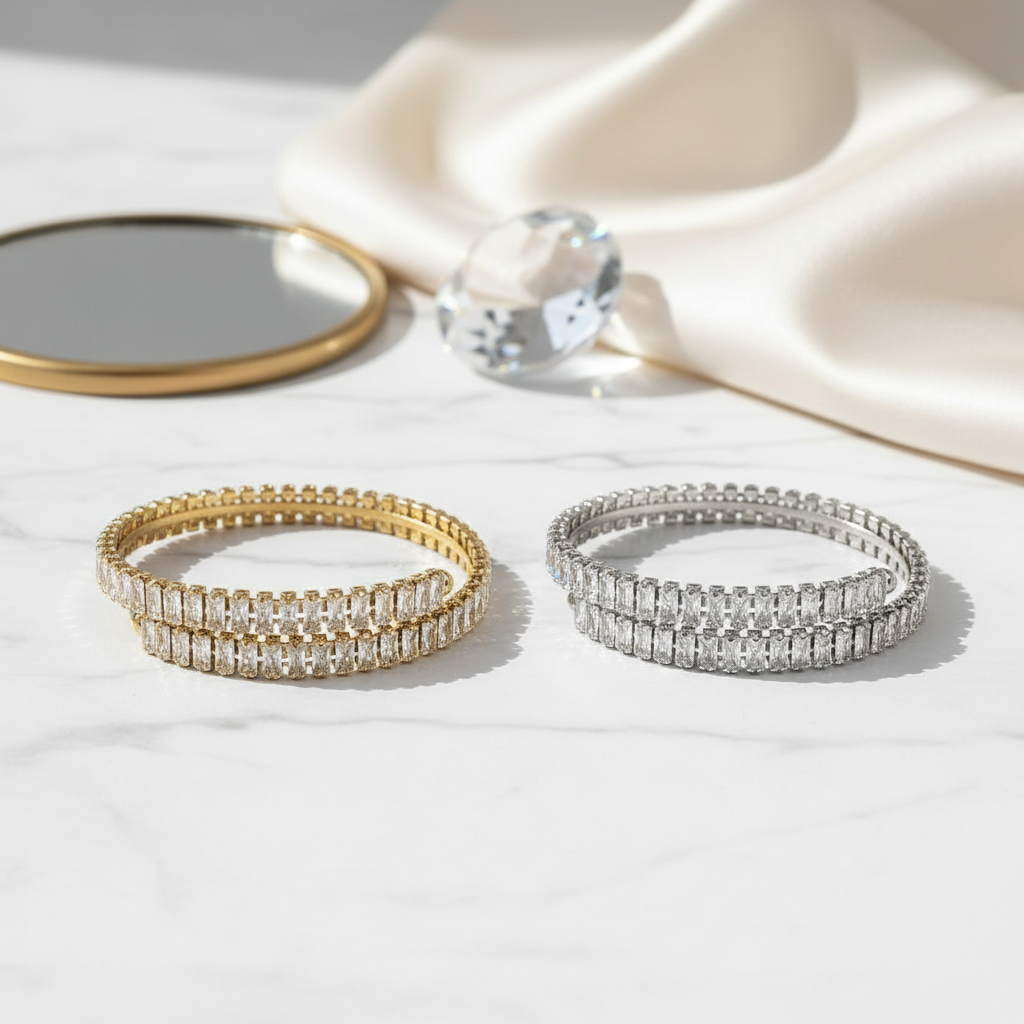 Wrapa cuff bracelet ατσάλινα βραχιόλια ζιργκόν χρυσό και ασημί σε flat lay, so cute by dimi