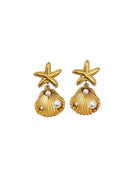 Gold stainless steel earrings with starfish and shell designs on a white background So Cute by DImi