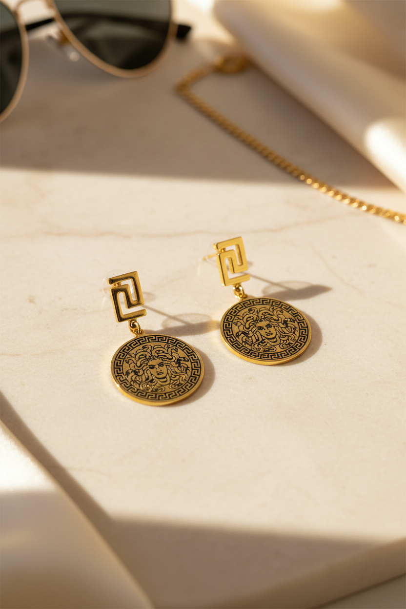Σκουλαρίκια Thalira Medusa από ανοξείδωτο ατσάλι με medallion σε χρυσό από τη So Cute by Dimi