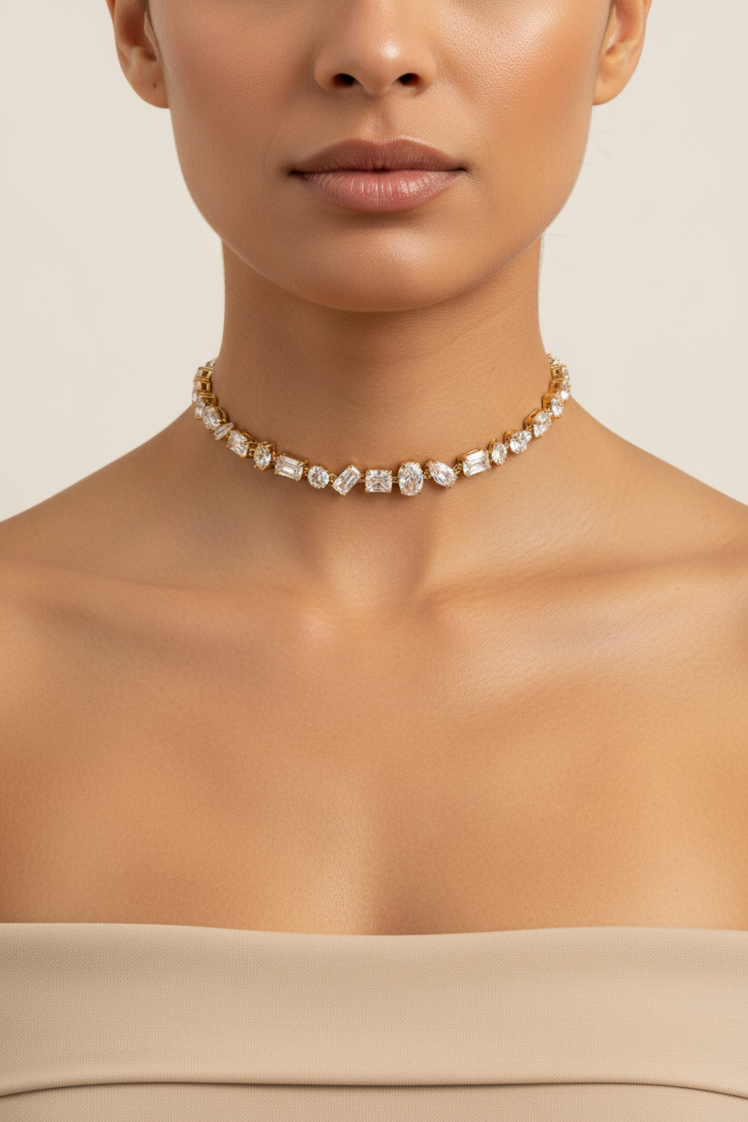 Ατσάλινο choker με κρύσταλλα velmira color choker statement necklace colorful φορεμένο σε μοντέλο, So Cute by DImi