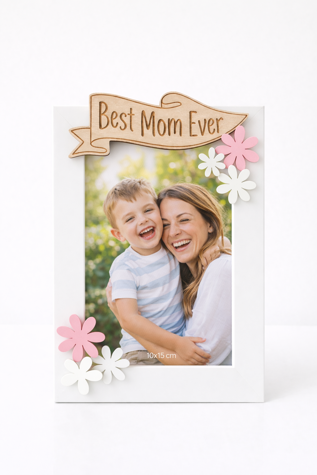 ξύλινη κορνίζα best mom ever 10x15 με λουλούδια ροζ λευκά δώρο για μαμά