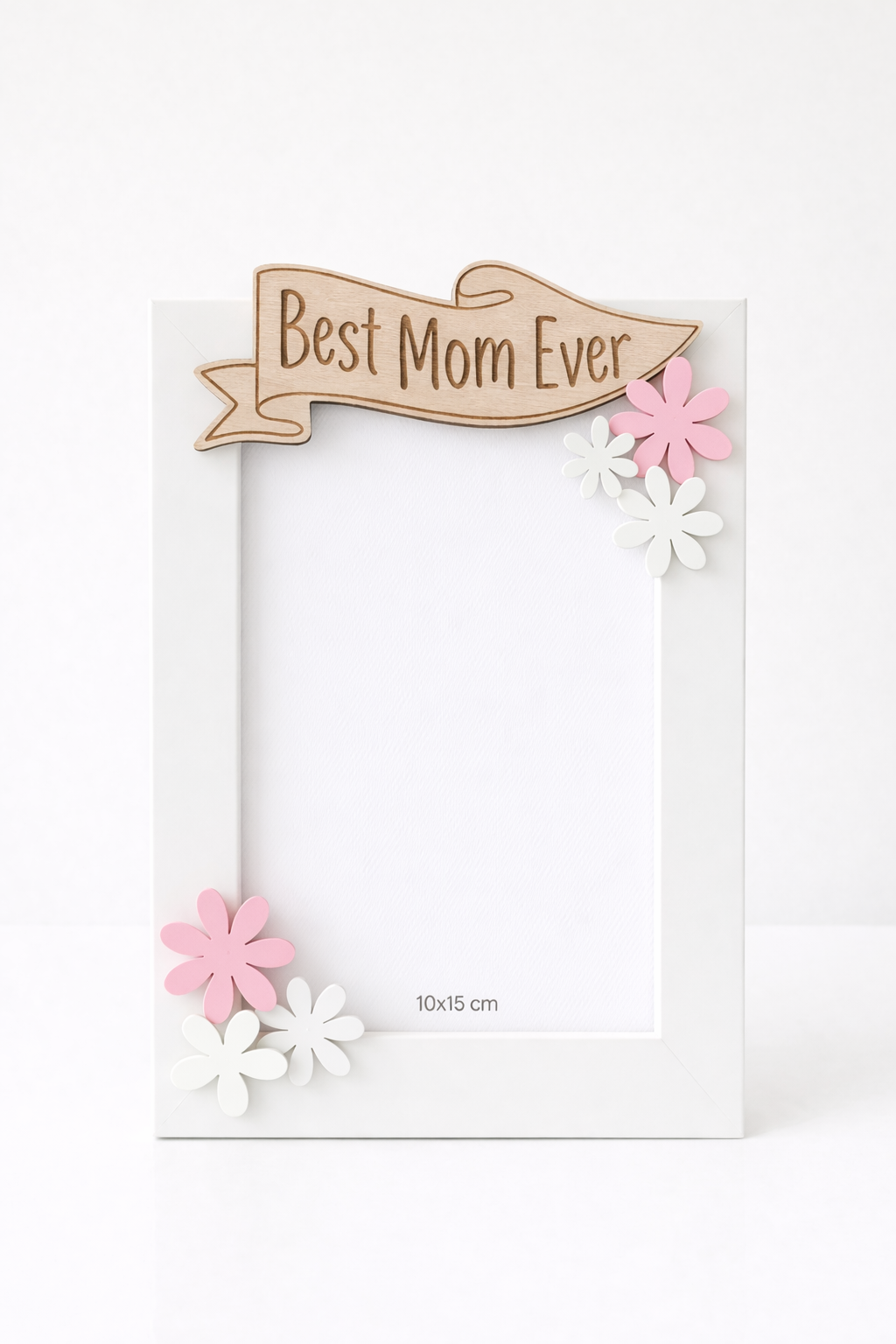 ξύλινη κορνίζα best mom ever 10x15 με λουλούδια ροζ λευκά δώρο για μαμά