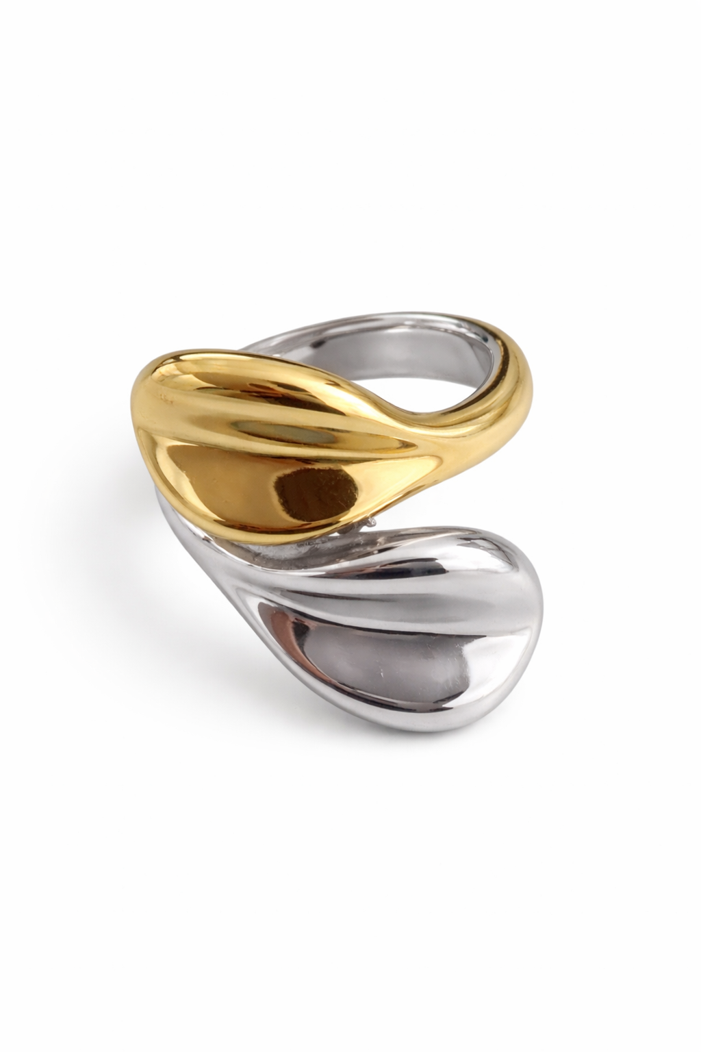 Two-tone silver and gold stainless steel ring on a white background